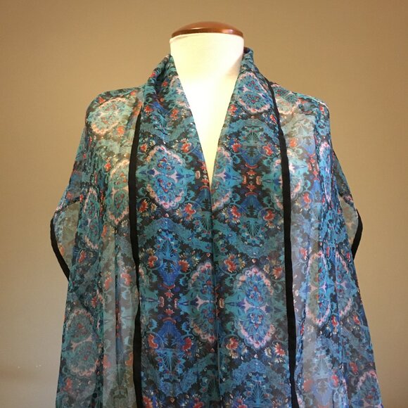 Sheer Blue Floral Damask Tapered Boho Scarf - Picture 2 of 16